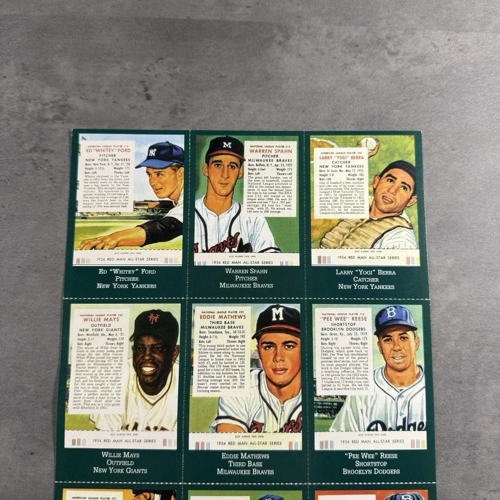1954 Red Man Tobacco Uncut Repro Sheet Willie Mays Yogi Berra Whitey Ford